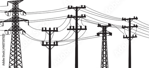 Black silhouette of power lines and transmission towers, power line, electricity, transmission tower, pylon, utility pole, infrastructure, energy, high voltage, electrical, power, grid, network, conne