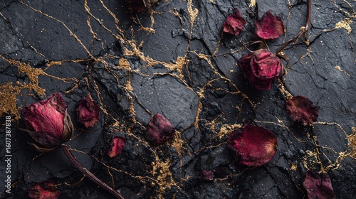 Fototapeta Naklejka Na Ścianę i Meble -  Dried roses on dark stone with gold accents