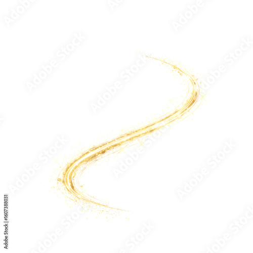 Gold glitter trail effect overlay, sparkling light streak element for graphic design and decoration use on transparent background