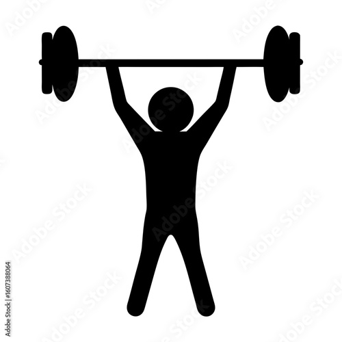 Simple vector image of a stick figure weightlifter holding a barbell overhead