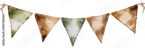 Watercolor bunting flags in shades of green and brown with stitched details banner string