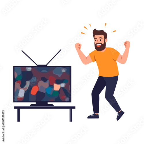 A man in a orange shirt cheers and jumps for joy in front of a television.