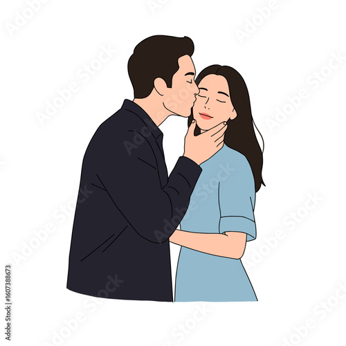 A tender illustration of a man kissing a woman, a romantic scene.