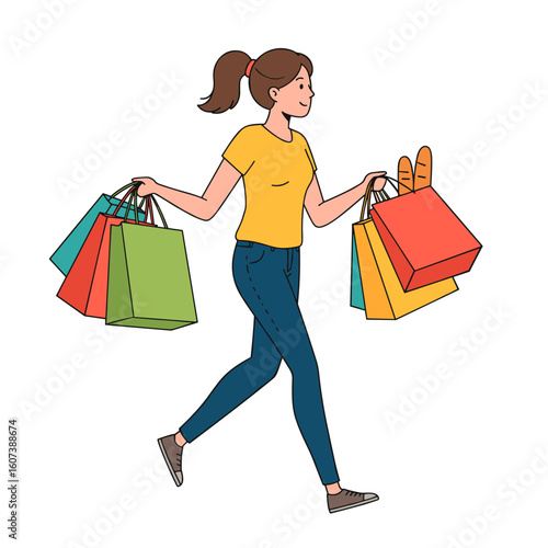 Woman carrying shopping bags with purchased goods, full of vibrant colors, shows her joy for consumerism.