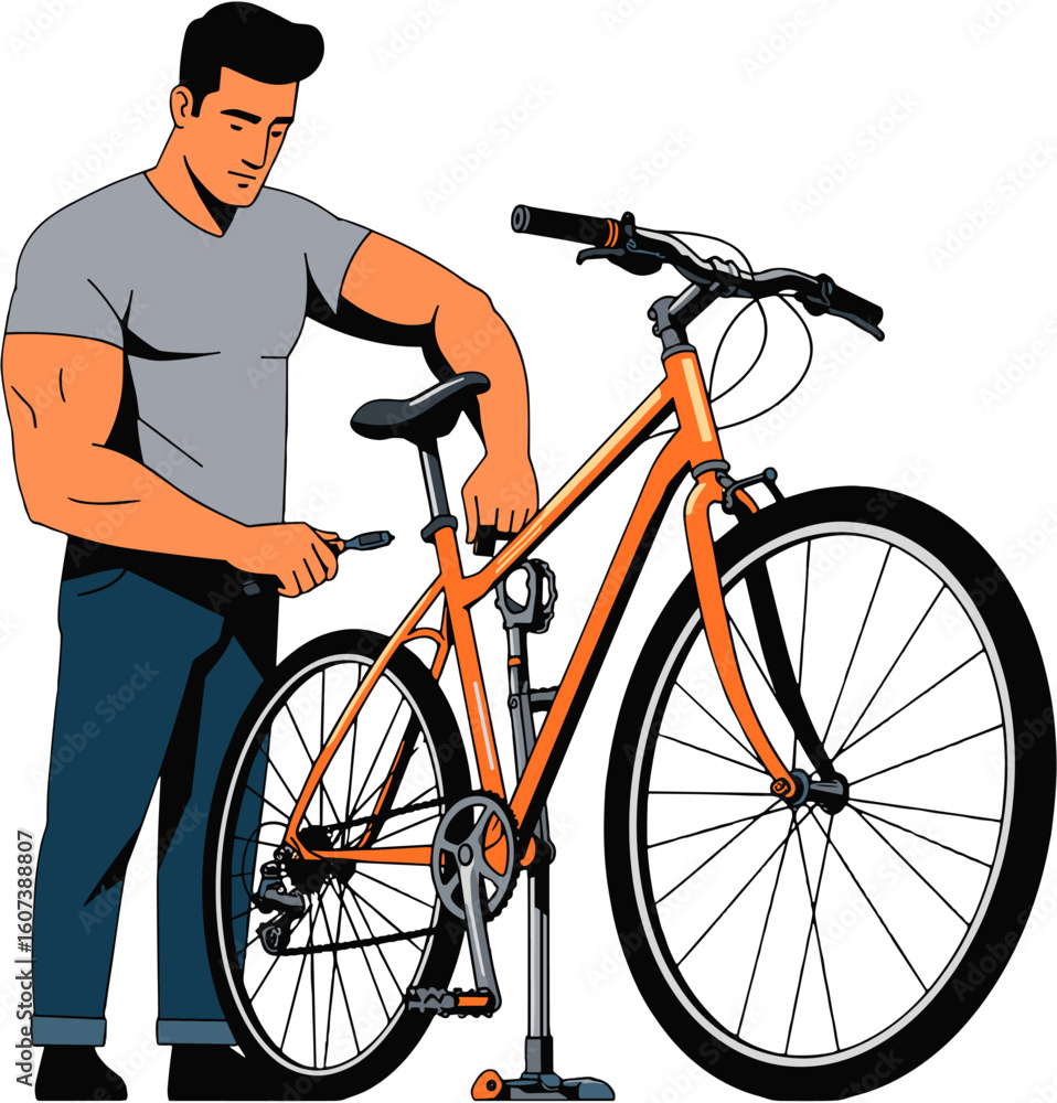 Naklejka premium Man repairing his bicycle with focused.