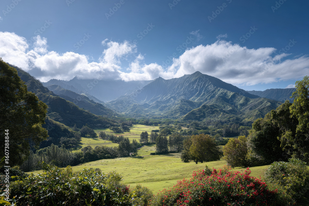 Fototapeta premium capture essence of hawaiis stunning landscapes featuring majestic mountains with lush green hills and burst of