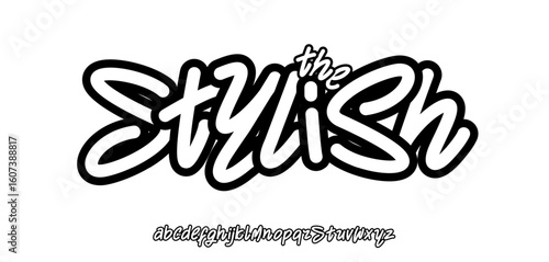 Graffiti brush logo font bold outlined alphabet, freestyle marker lettering, dynamic street art typeface, cool youth branding typography, urban stylish typographic design. Vector typeset.