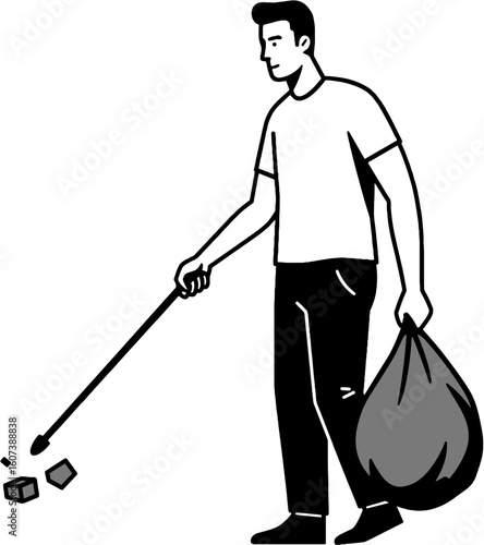 A man is picking up garbage with a grabber tool, holding a trash bag.