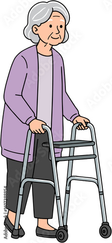 An elderly woman using a walking frame.