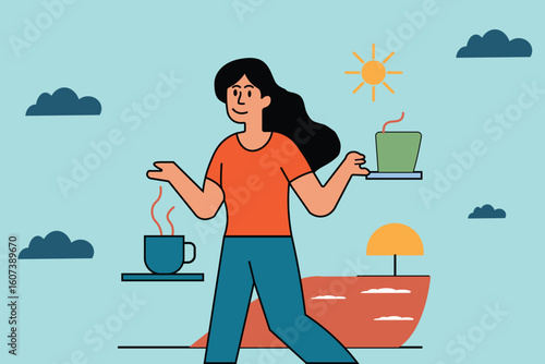 A cheerful woman balances coffee cups on trays, symbolizing a refreshing break, relaxation, and a moment of peace.