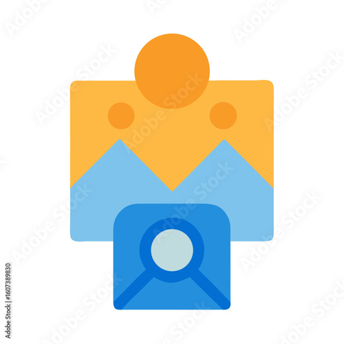 Digital asset management icon with sunrise and magnifying glass