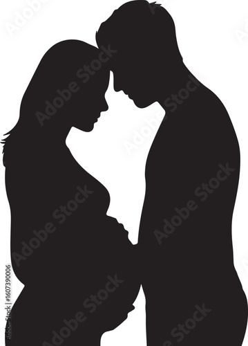 Silhouette vector illustration of a loving expectant couple, a pregnant woman and man embracing.