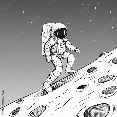 Dessin astronaute à la surface d'une planète inconnue, ligne claire, noir et blanc, cratères ,exploration spatiale, espace