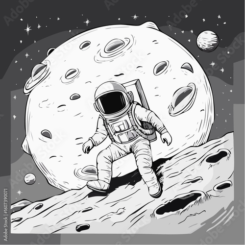 Dessin astronaute à la surface d'une planète inconnue, ligne claire, noir et blanc, cratères ,exploration spatiale, espace