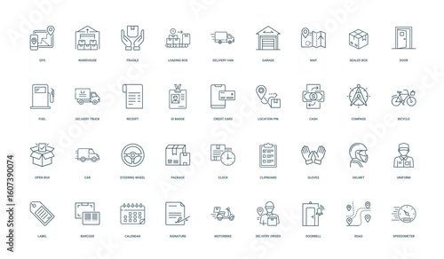 delivery services logistics transportation equipment, card location pin cash credit compass, minimal thin line web outline icons collection, simple vector illustration