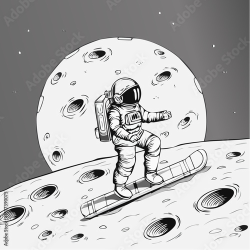 Dessin astronaute surfant à la surface d'une planète inconnue, ligne claire, noir et blanc, cratères ,exploration spatiale, espace