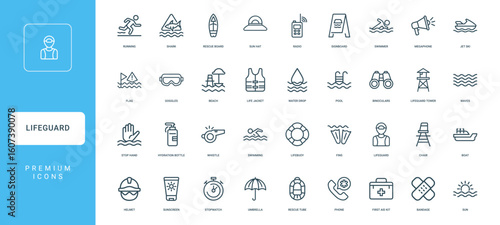 set lifeguard-themed line icons beach safety rescue equipment activities, hat swimmer running shark sun, minimal thin line web outline icons collection, simple vector illustration