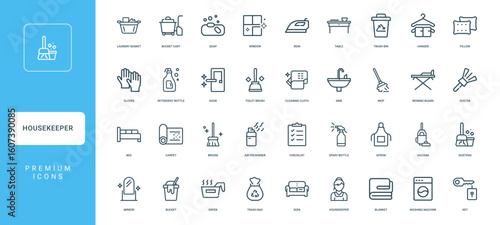 housekeeper collection objects tools associated housekeeping, sink board cleaning ironing mop cloth, minimal thin line web outline icons collection, simple vector illustration