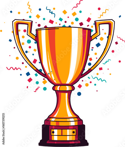 A shiny gold trophy with colorful confetti around it.
