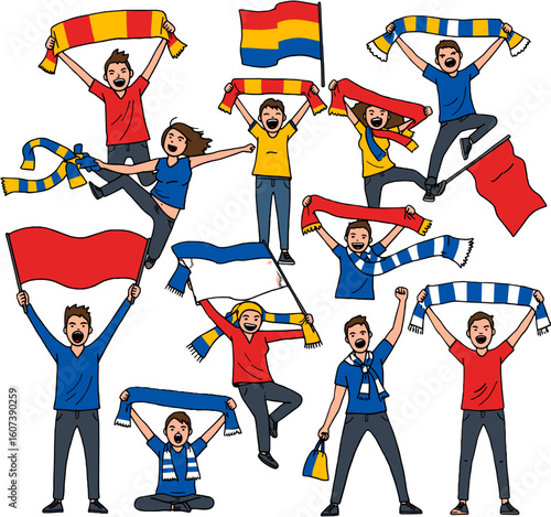 Fanatic supporters waving flags and scarfs in celebration.