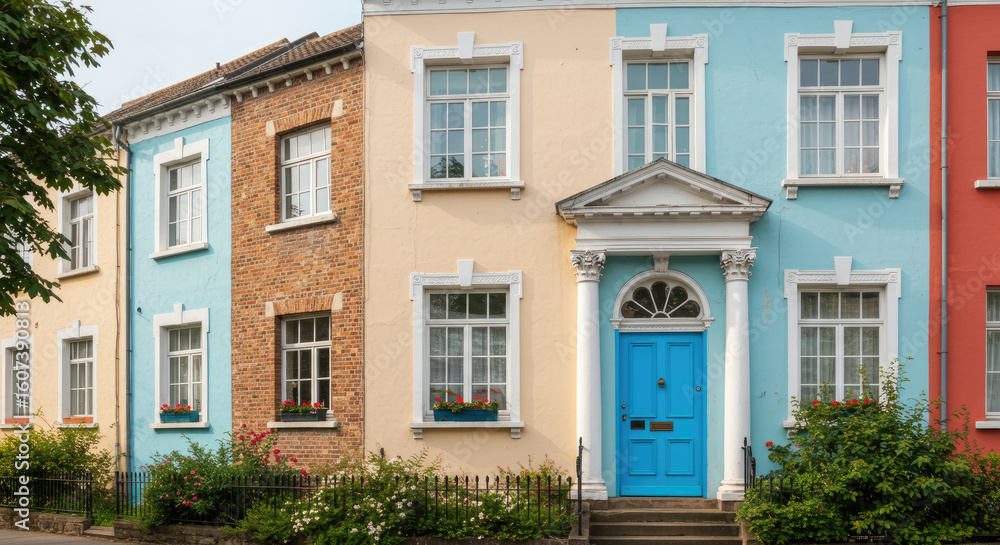 Naklejka premium Colorful Row Houses with Blue Door 1.