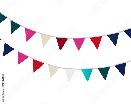 A vibrant display of colorful triangular bunting flags strung against a stark black background overhead view