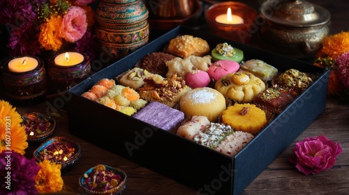 Assorted Indian Sweets in Decorative Diwali Gift Box with Diyas and Festival Lights