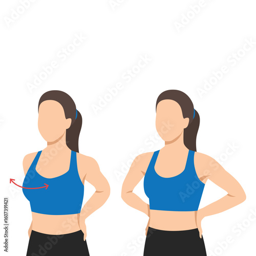 Woman demonstrates a simple chest opening stretch with hands on hips. Flat vector illustration isolated on white background