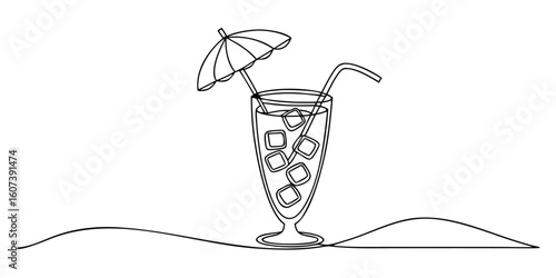 Continuous line art drawing of a cocktail drink in a tall glass with ice cubes a straw and a small umbrella