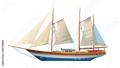 A classic sailing schooner with full sails gliding across the water