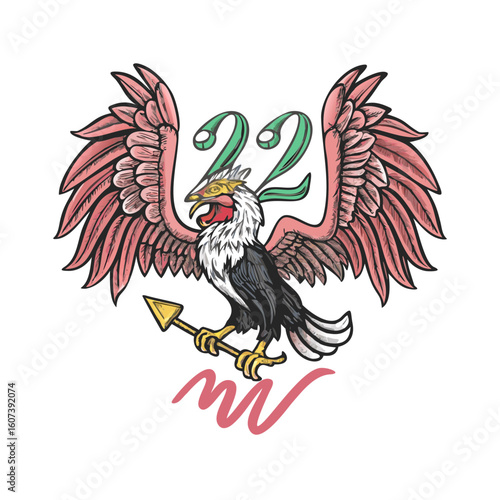 Majestic eagle with pink wings and golden arrow holding the number twenty two