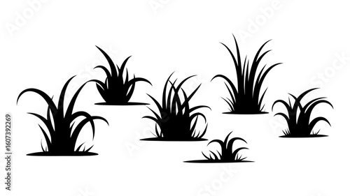 Collection of stylized black grass silhouettes; vector illustration; nature design elements; simple graphic; minimalist style; isolated on white background.