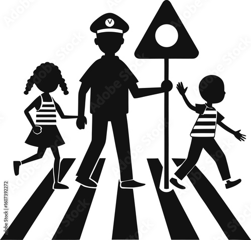 Policeman escorting children across a street with a traffic sign crossing