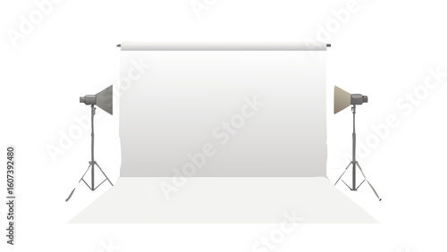 Professional photography studio setup with white seamless background and lighting equipment