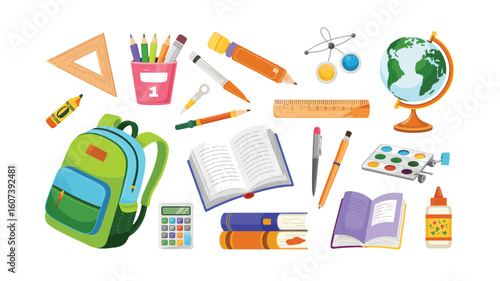 Bright School Supplies Illustration: Backpack, Books, Globe, and More for Educational Designs and Classroom Visuals