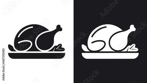 Roasted Chicken Icon: Simple, Elegant, Black and White, Thanksgiving, Festive, Food, Menu, Restaurant, Graphic Design Element