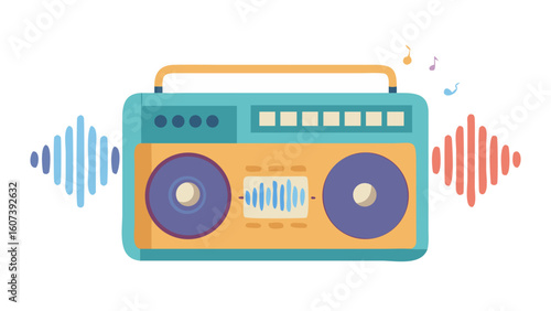 Retro boombox radios playing music with sound waves and musical notes