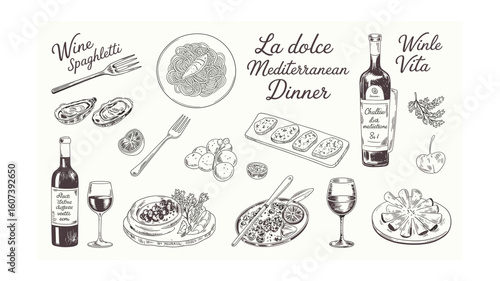 Hand-Drawn Mediterranean Dinner Clipart: Pasta, Wine, Oysters, and Antipasto Sketch Illustration for Food, Beverage, and Italian Lifestyle Themes