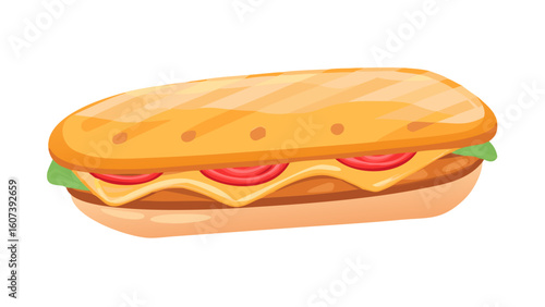 Delicious cartoon sub sandwich with cheese tomatoes and lettuce on a bun
