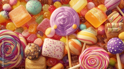 Bright and vibrant collection of candies including lollipops, gummies, and chocolates, beautifully arranged on a light blue surface to evoke joy and indulgence.