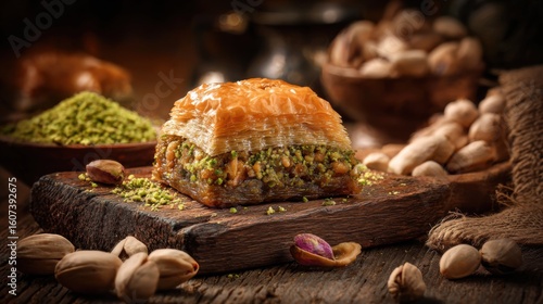 Turkish baklava dessert with flaky layers