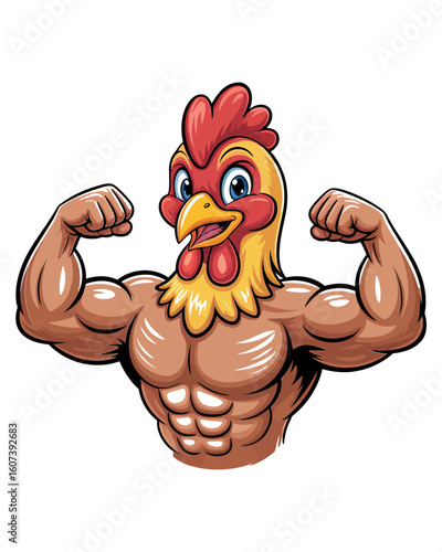 Strong Rooster Mascot: Cartoon Illustration, Muscular Bodybuilder, Cheerful and Playful Mood, Fitness Concept.