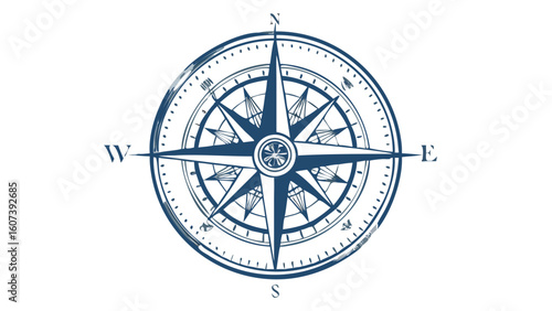 Classic blue compass rose design with north east south west directions on black