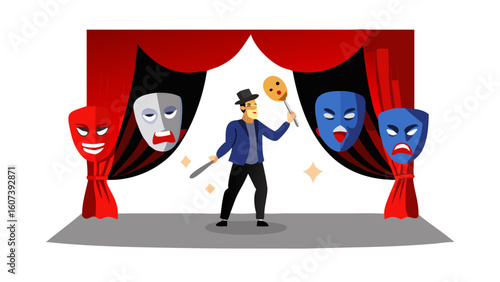 Performer on stage with expressive masks and theatrical red curtains