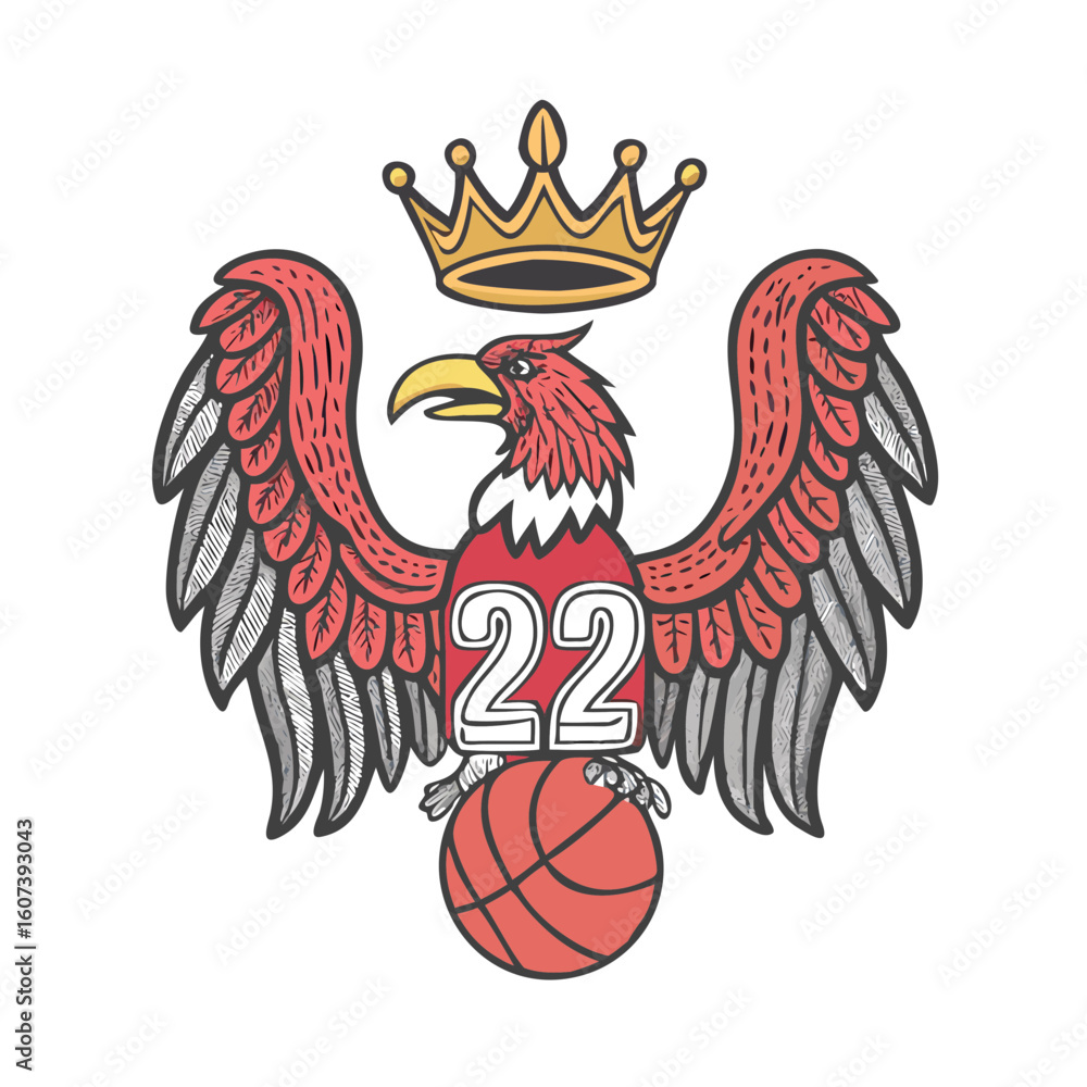 Naklejka premium Majestic eagle with crown and basketball holding number twenty two emblem