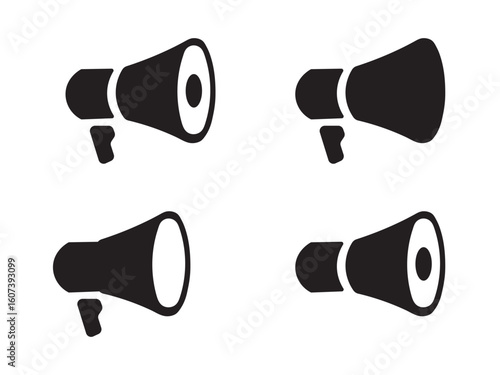 Four Black Megaphone Icons Against a White Background