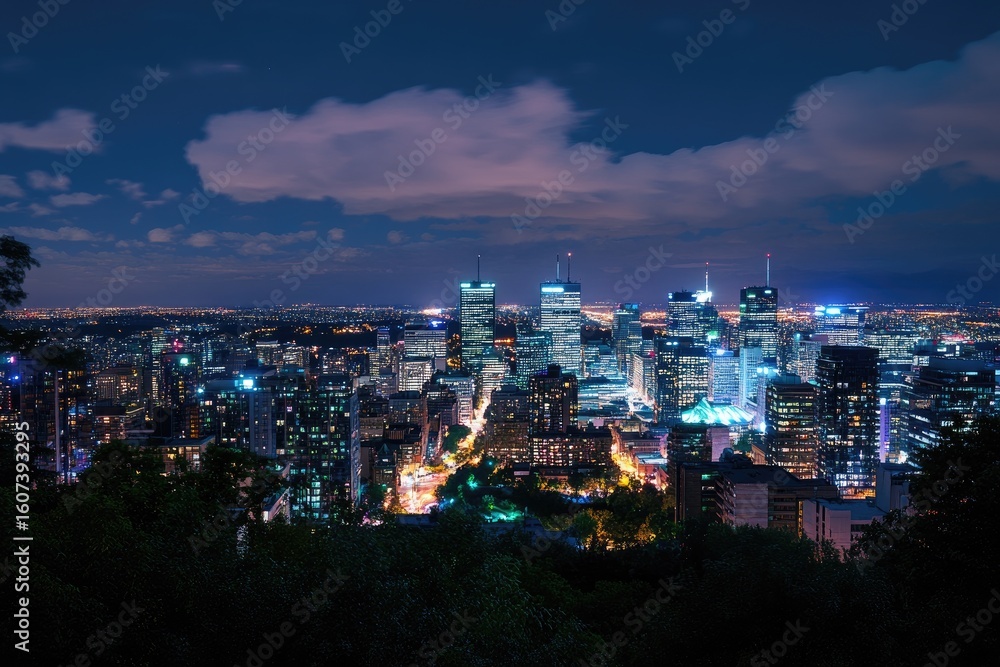 Fototapeta premium Night cityscape view of a large metropolis. City lights illuminate skyscrapers and lower buildings. A hazy, cloudy night sky. Trees are visible on the lower edge of the image