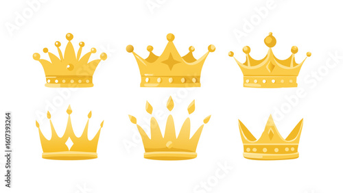 Collection of six distinct golden royal crowns displayed against a black background
