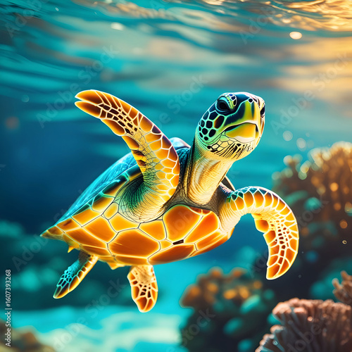 A green sea turtle Chelonian Midas resting on coral nurseries.