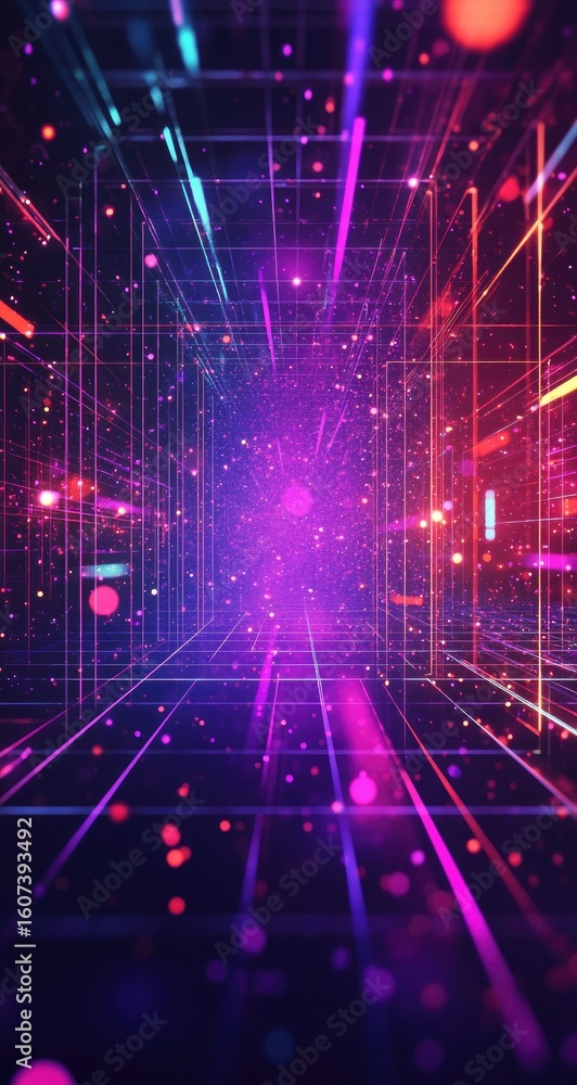 Naklejka premium Digital tunnel of vibrant neon lines and particles
